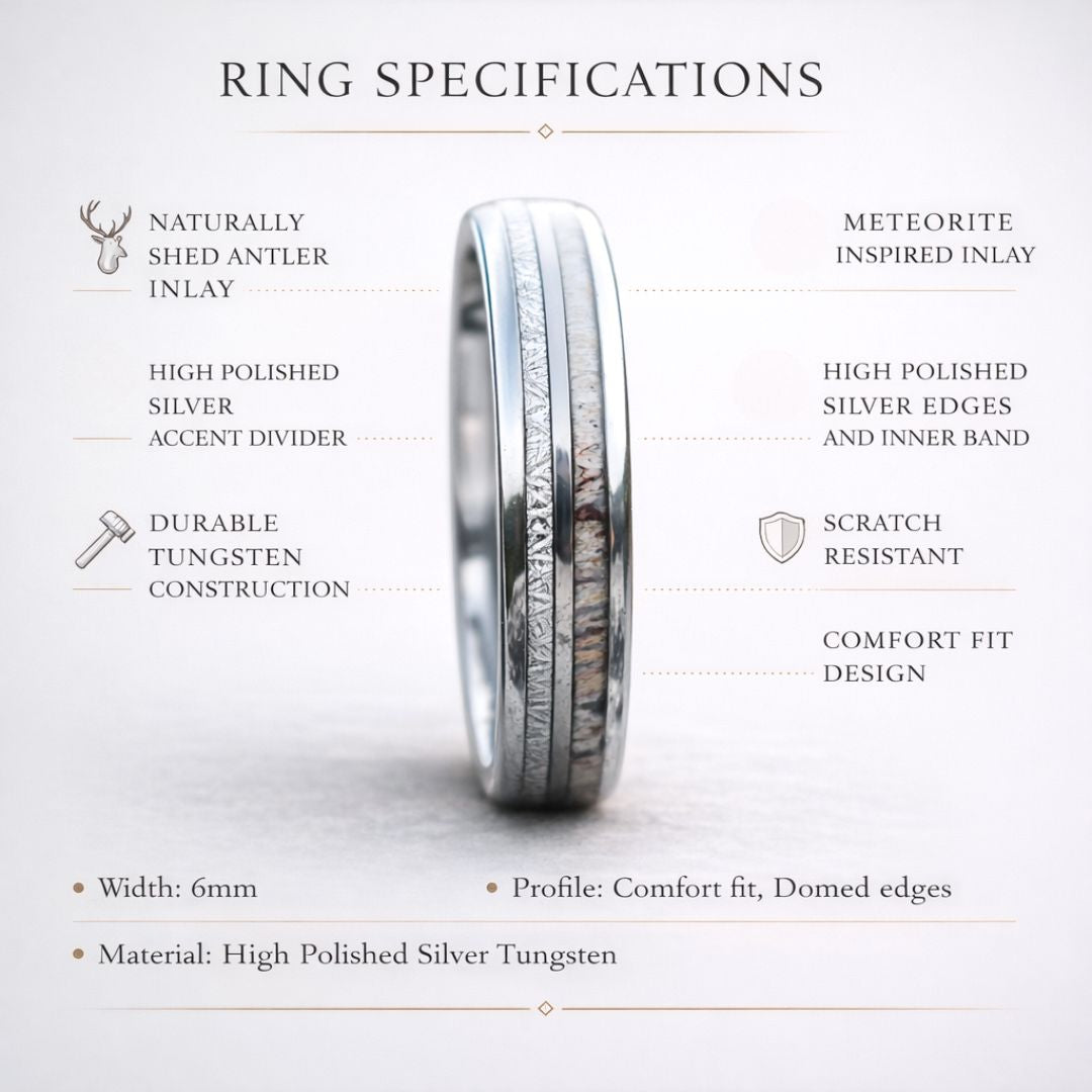 Silver Tungsten 6mm Ring with Deer Antler and Meteorite - Tungsten Titans