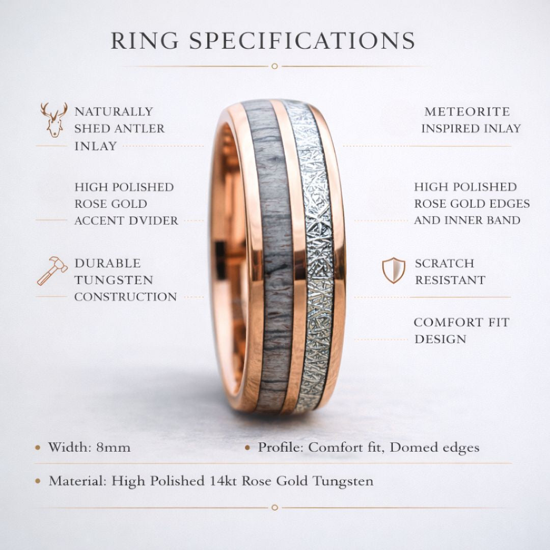 Rose Gold Tungsten 8mm Ring with Deer Antler and Meteorite - Tungsten Titans