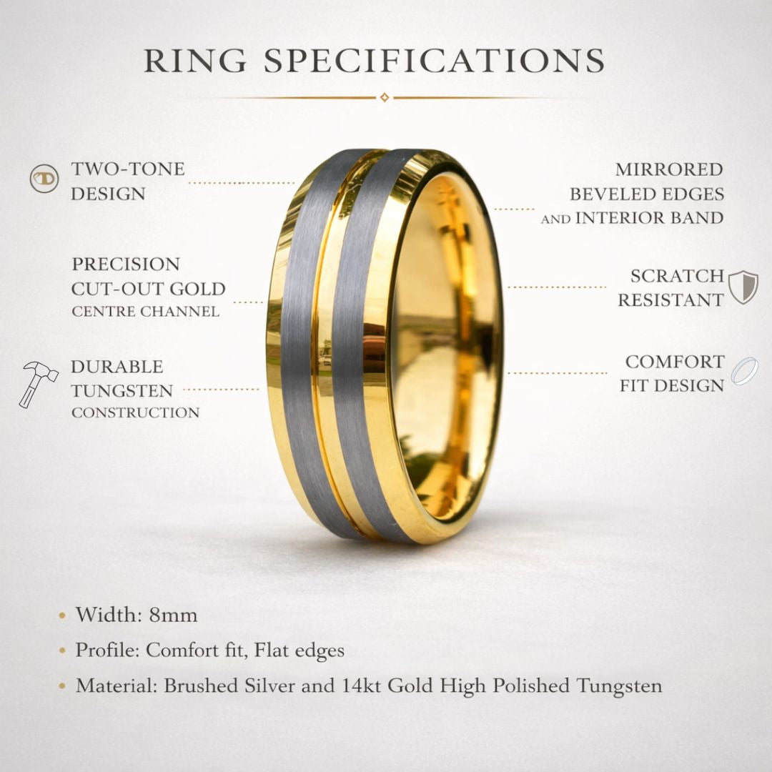 Tungsten 8mm Gold Ring with Brushed Silver Bands - Tungsten Titans