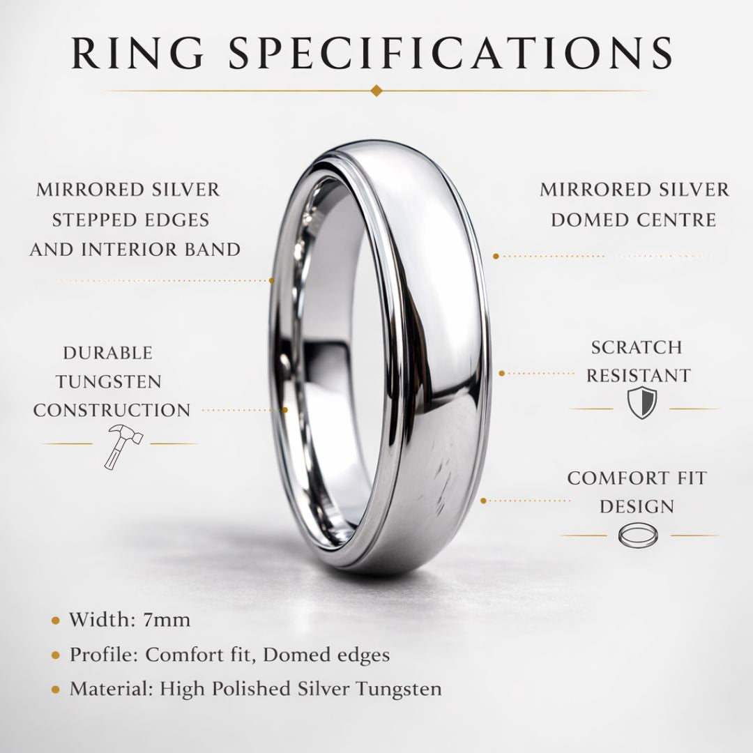 Tungsten 7mm Ring Polished Dome Silver with Beveled Edges - Tungsten Titans