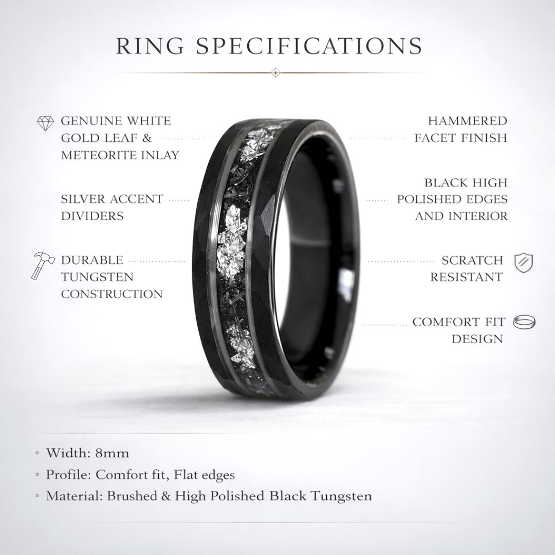 Hammered 8mm Black Tungsten Ring with White Gold Leaf and Meteorite Inlay - Tungsten Titans