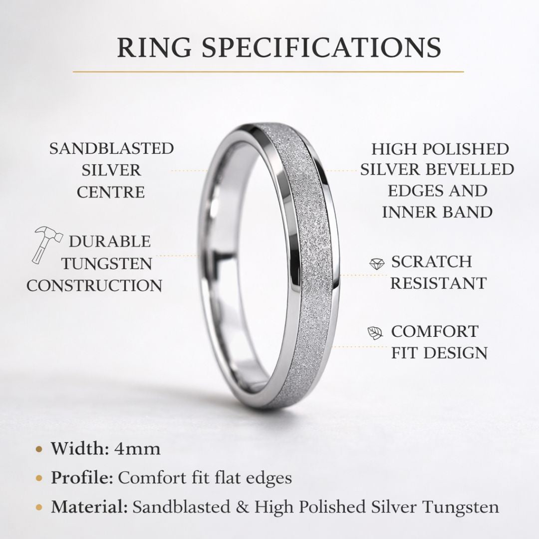 Tungsten 4mm Ring Silver Sandblasted Wedding Band - Tungsten Titans