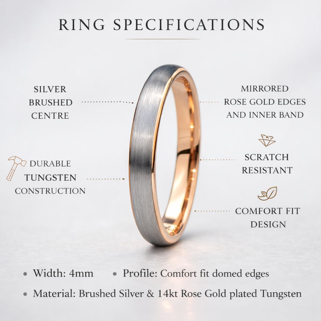 Tungsten Ring 4mm Brushed Silver with Rose Gold Comfort fit band - Tungsten Titans