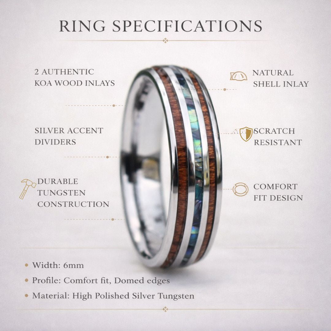 Tungsten 6mm Ring with Koa Wood and Shell Inlay