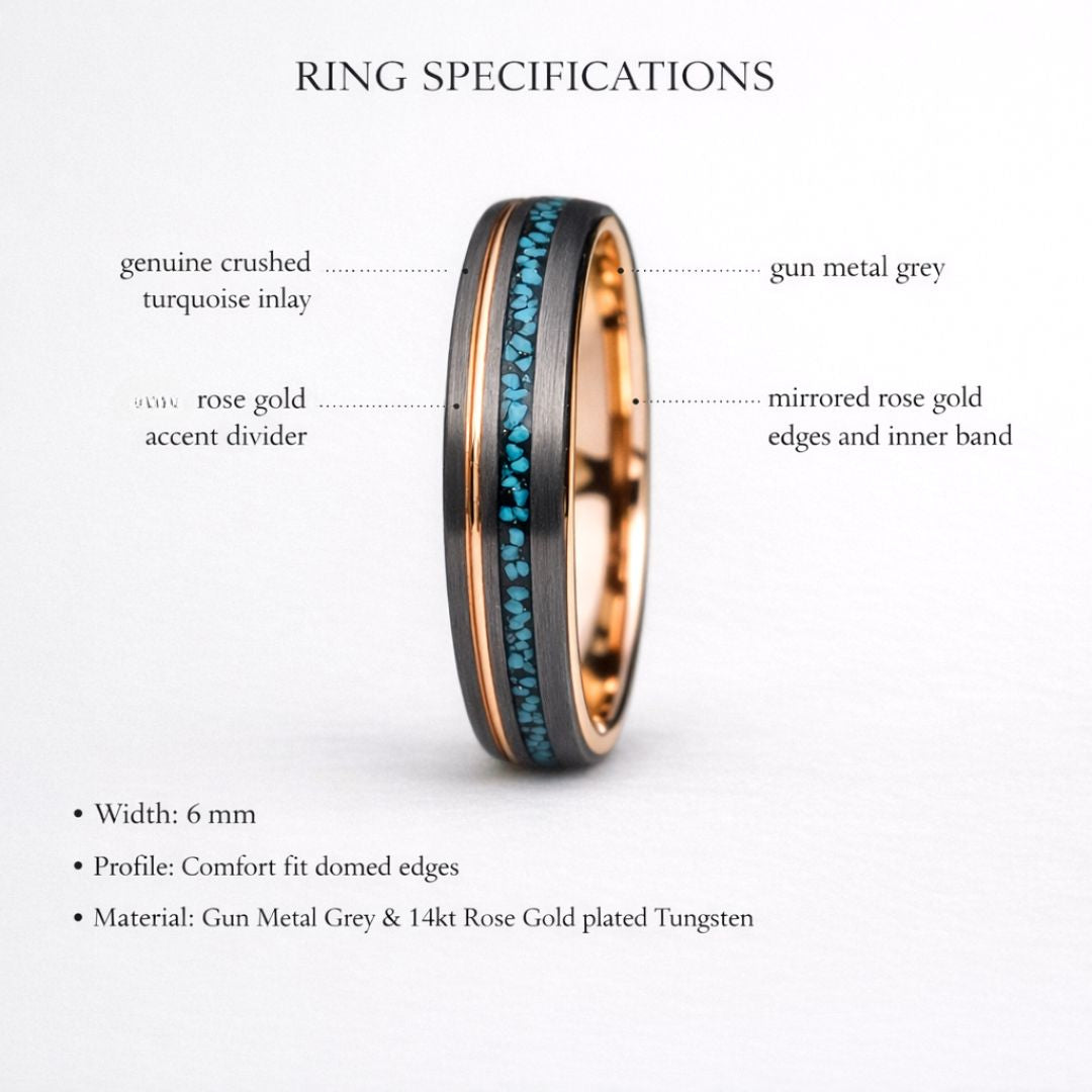 Tungsten 6mm Ring Grey with Rose Gold Accent and Crushed Turquoise - Tungsten Titans