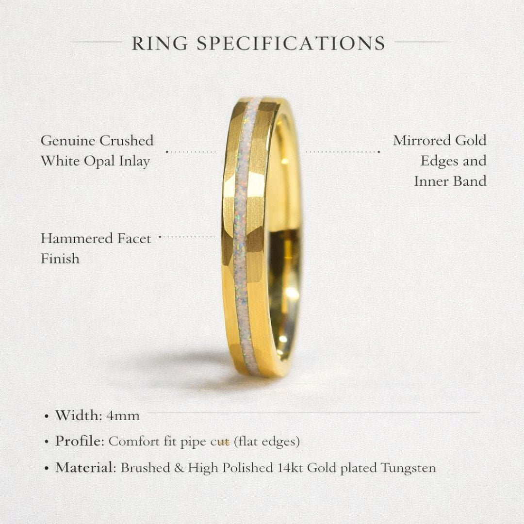 Tungsten 4mm Hammered Yellow Gold Ring with Crushed Opal Centre - Tungsten Titans