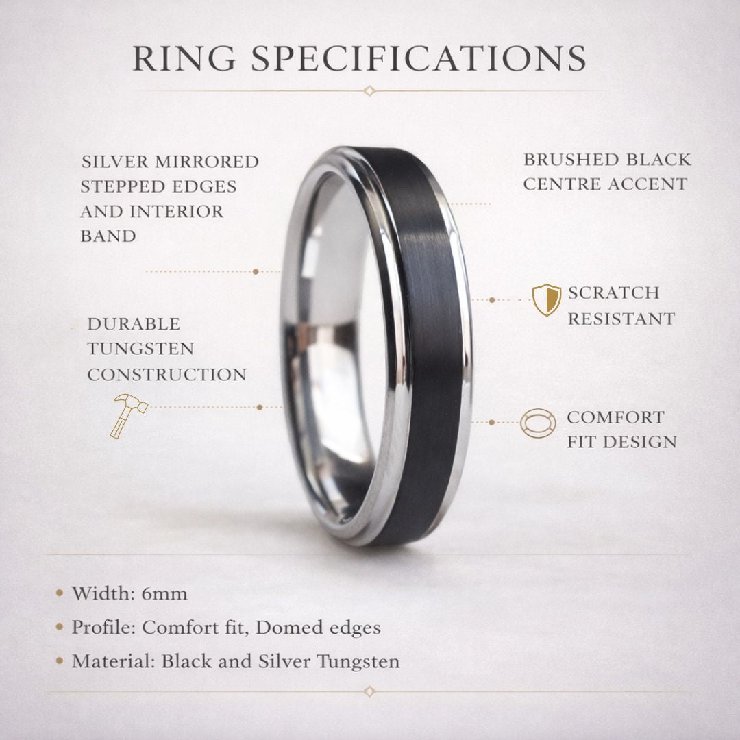 Tungsten 6mm Black Ring with Silver Edges - Tungsten Titans