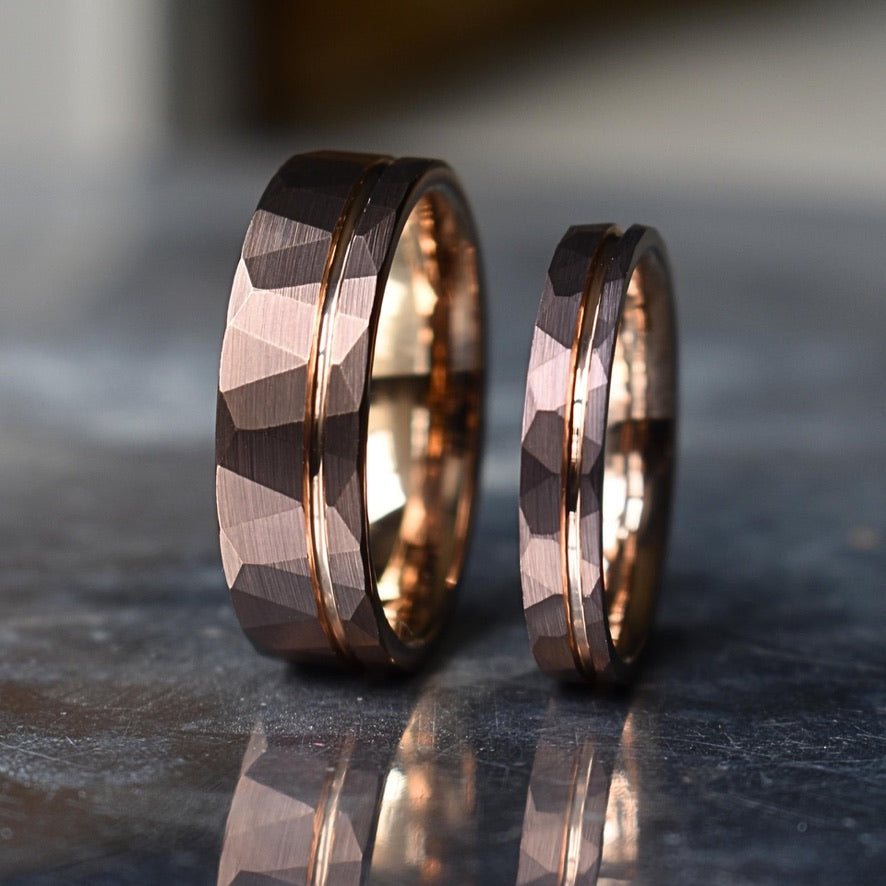 Hammered 4mm Chocolate Tungsten Ring with Rose Gold Accent - Tungsten Titans