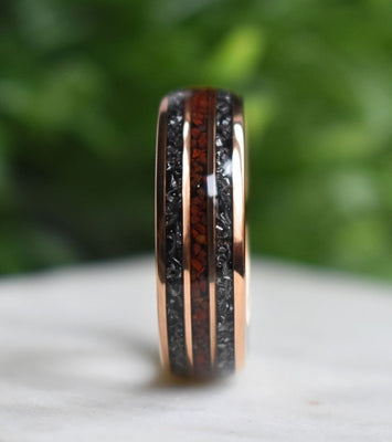 Tungsten 8mm Rose Gold Ring with Red Dinosaur Bone & Meteorite Ring - Tungsten Titans