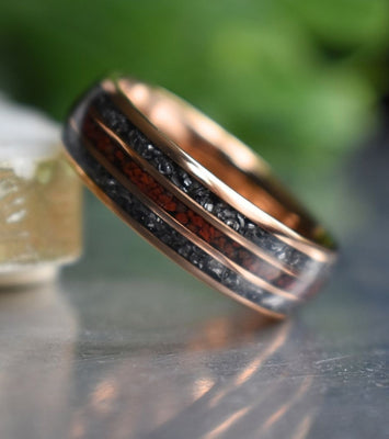 Tungsten 8mm Rose Gold Ring with Red Dinosaur Bone & Meteorite Ring - Tungsten Titans