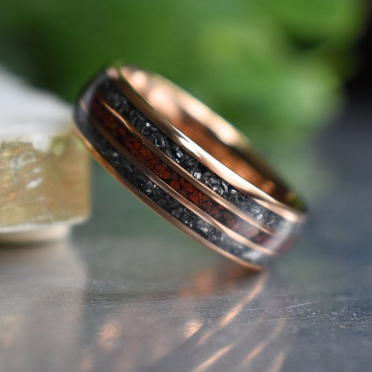 Tungsten 8mm Rose Gold Ring with Red Dinosaur Bone & Meteorite Ring