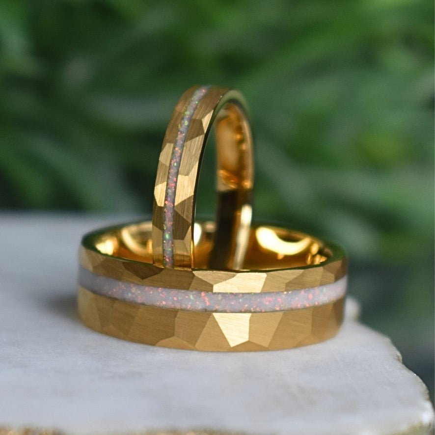 Tungsten 4mm Hammered Yellow Gold Ring with Crushed Opal Centre - Tungsten Titans