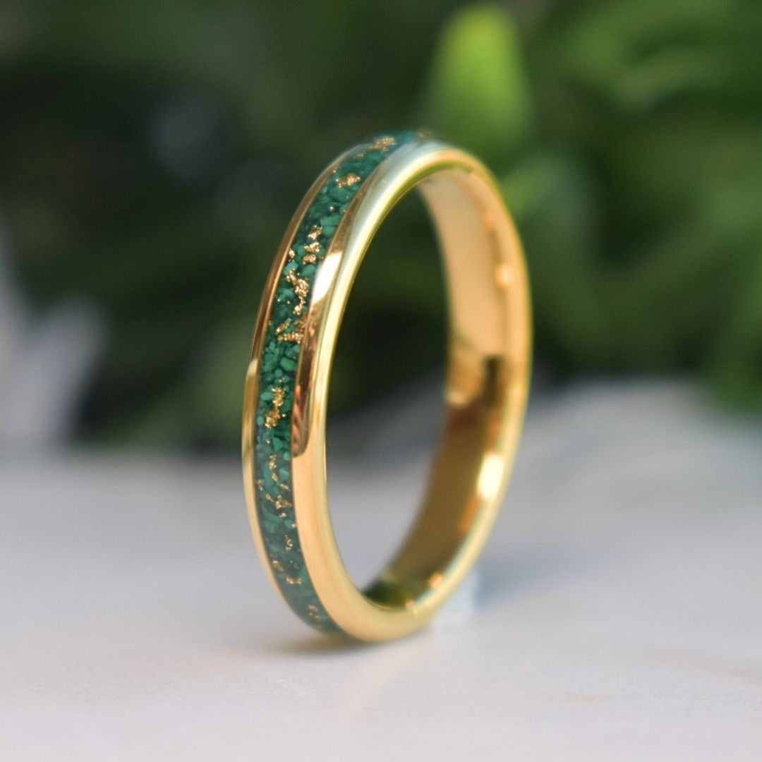 Tungsten 4mm Gold Ring with Malachite & Gold Leaf Inlay