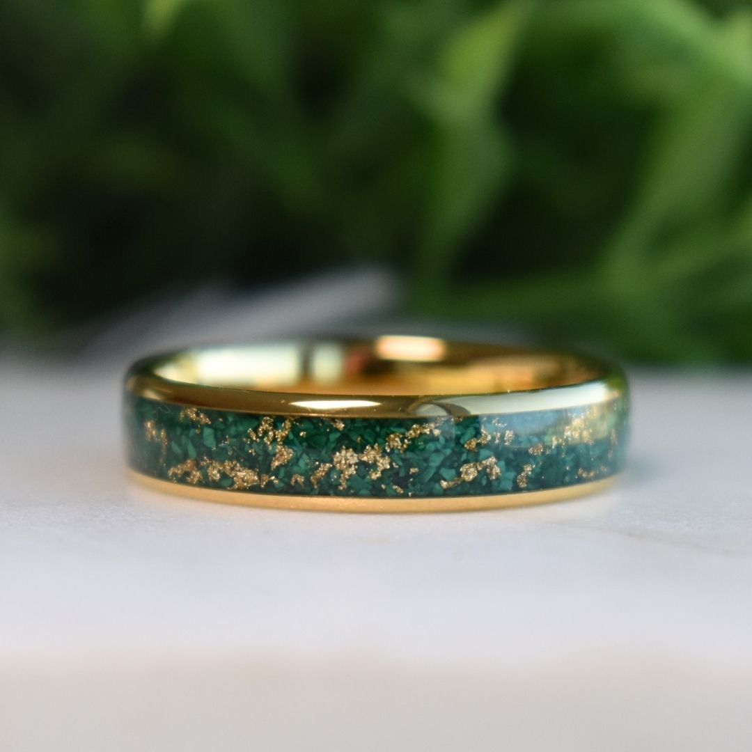 Tungsten 6mm Gold Ring with Malachite & Gold Leaf Inlay