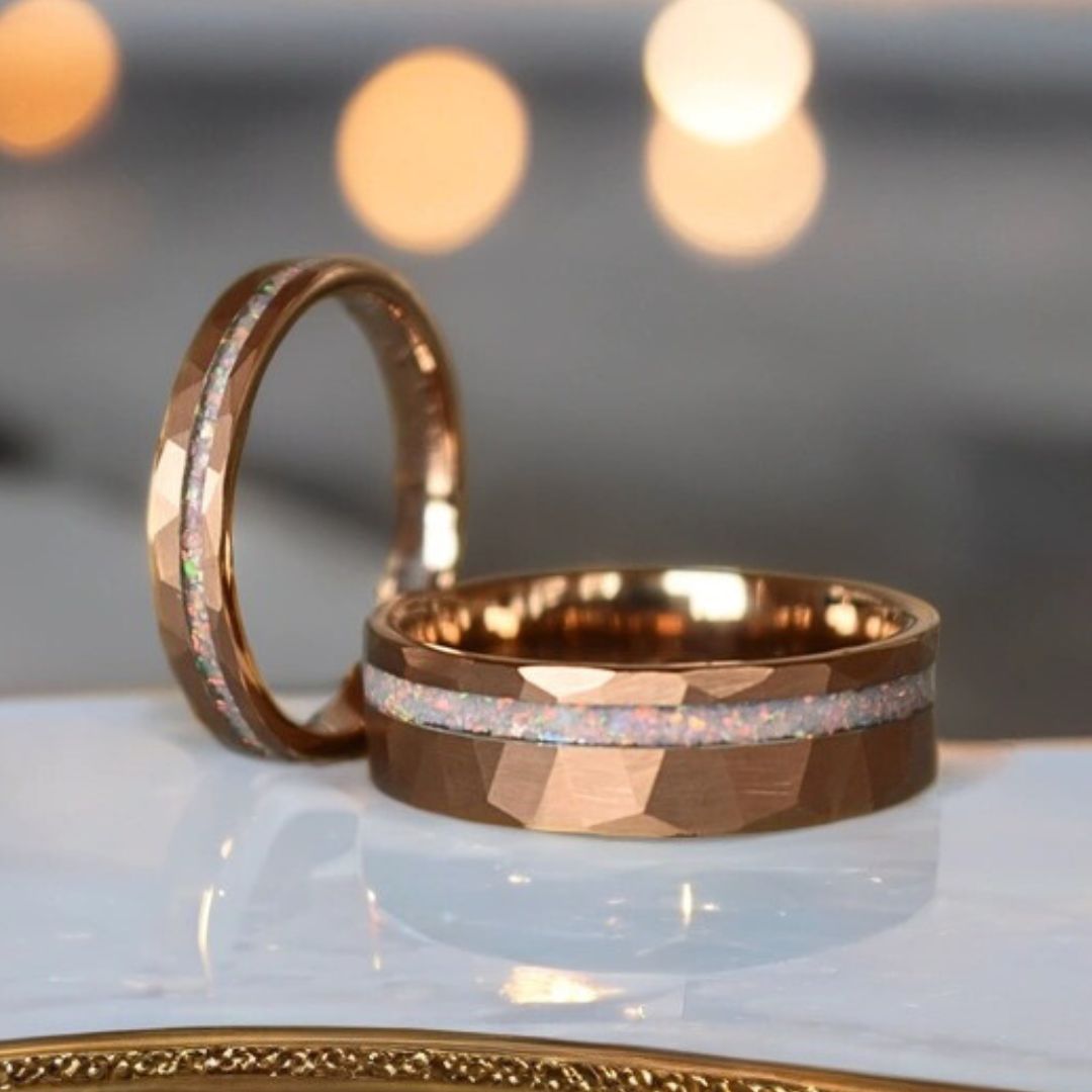 Tungsten 4mm Hammered Rose Gold Ring with Crushed Opal Centre - Tungsten Titans