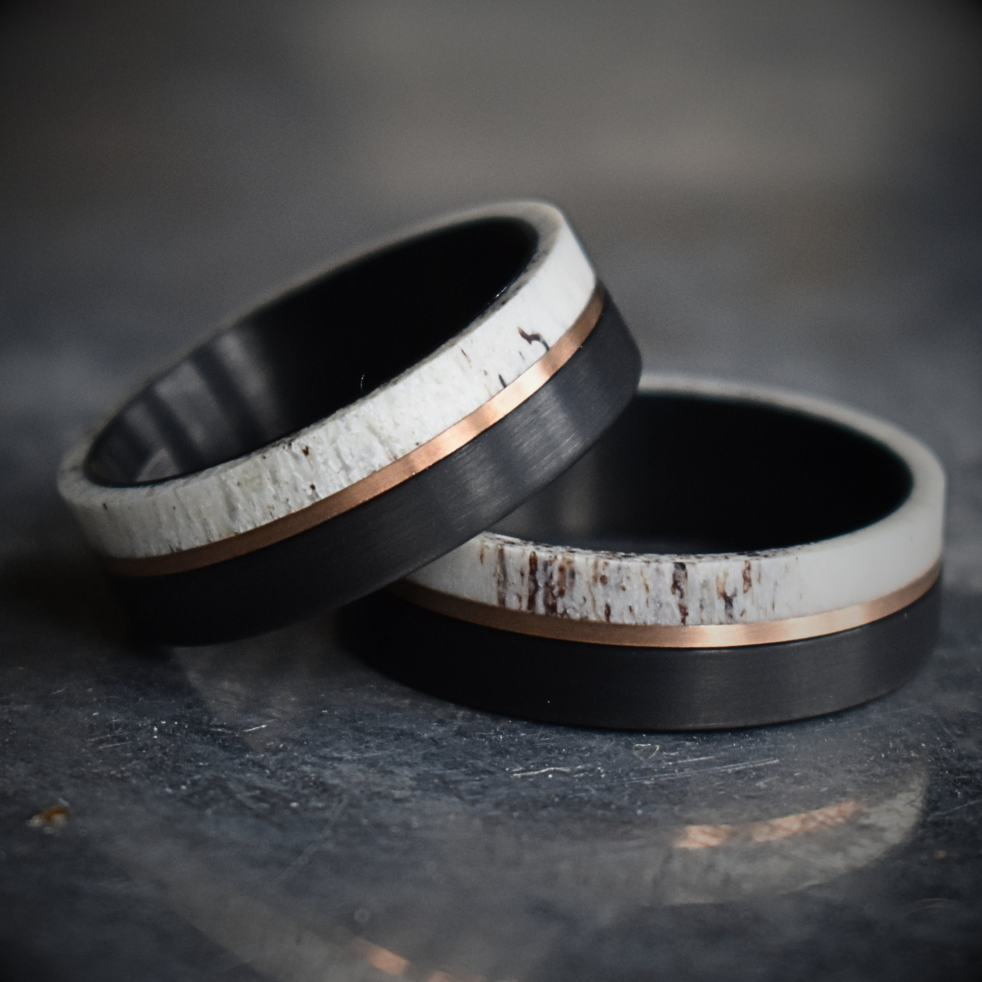 Deer Antler and Brushed Black 8mm Tungsten Ring with Rose Gold Center - Tungsten Titans