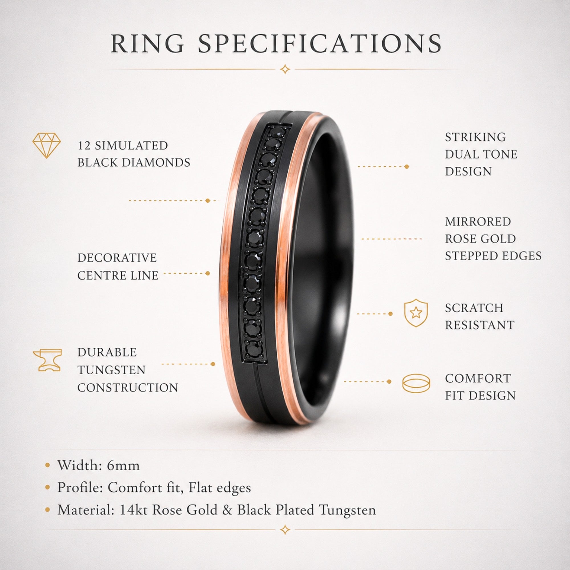Black Brushed Tungsten 6mm Ring with Rose Gold Stepped Edges & Black Simulated Diamonds