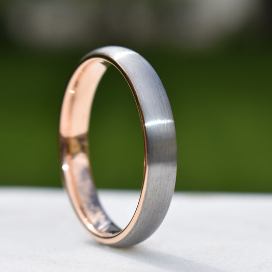 Tungsten Ring 4mm Brushed Silver with Rose Gold Comfort fit band - Tungsten Titans