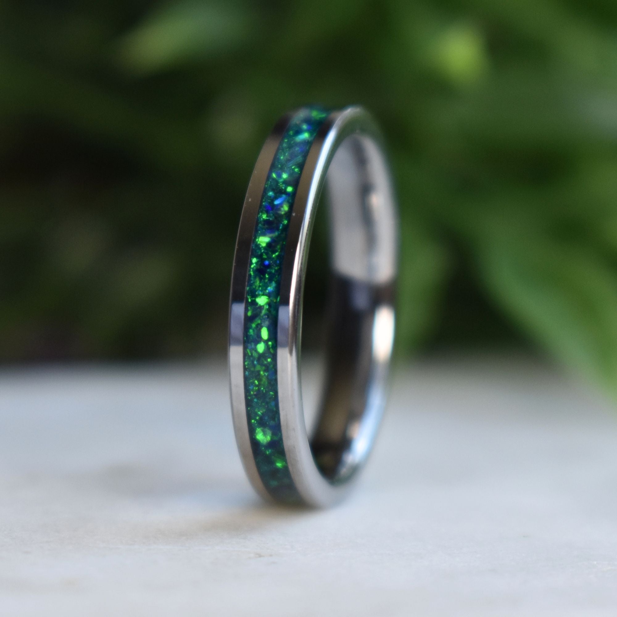 Tungsten 4mm Ring Crushed Green and Blue Opal Wedding Band