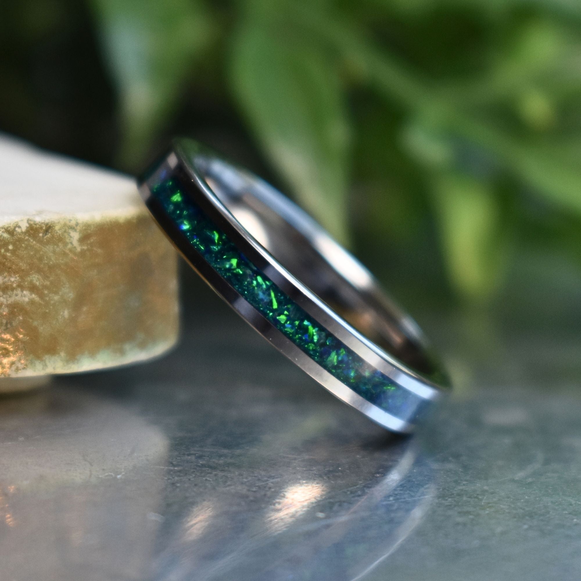 Tungsten 4mm Ring Crushed Green and Blue Opal Wedding Band
