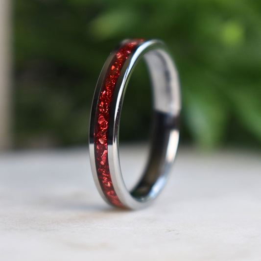 Tungsten 4mm Ring German Ruby Red Glass Wedding Band