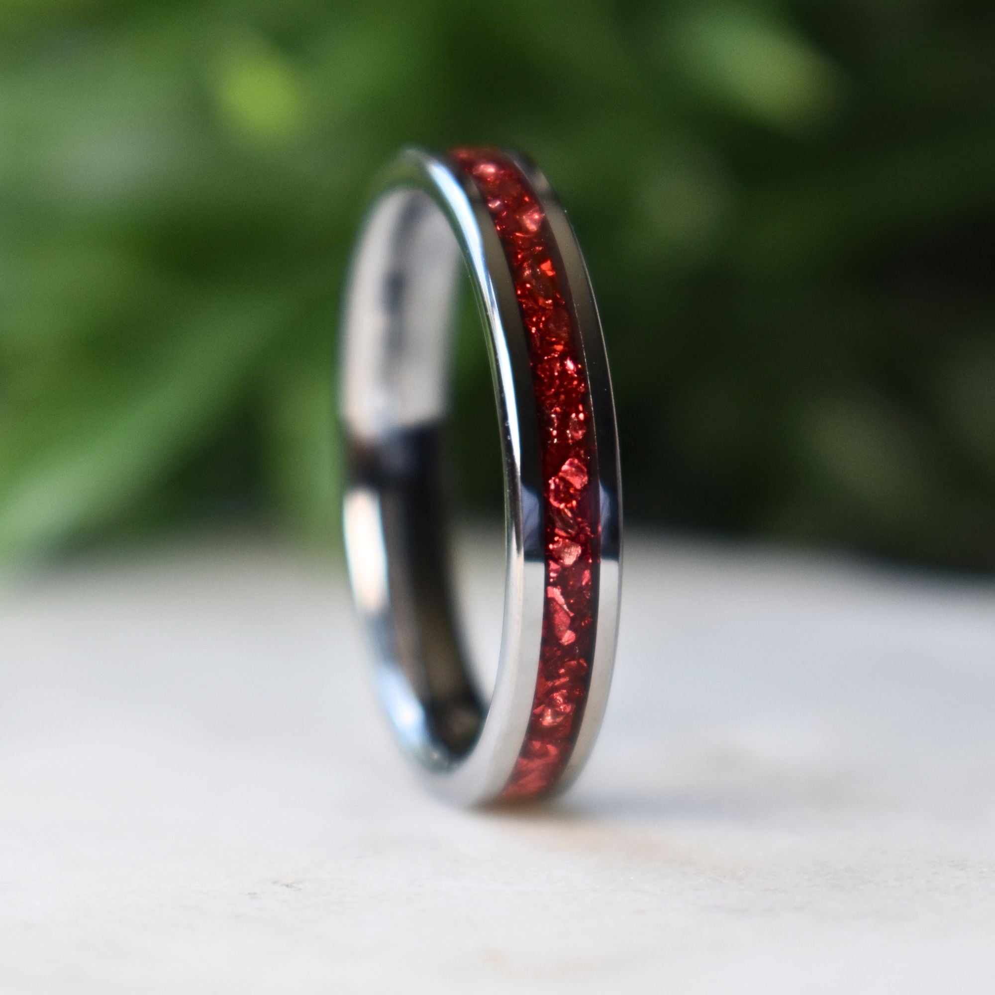 Tungsten 4mm Ring German Ruby Red Glass Wedding Band