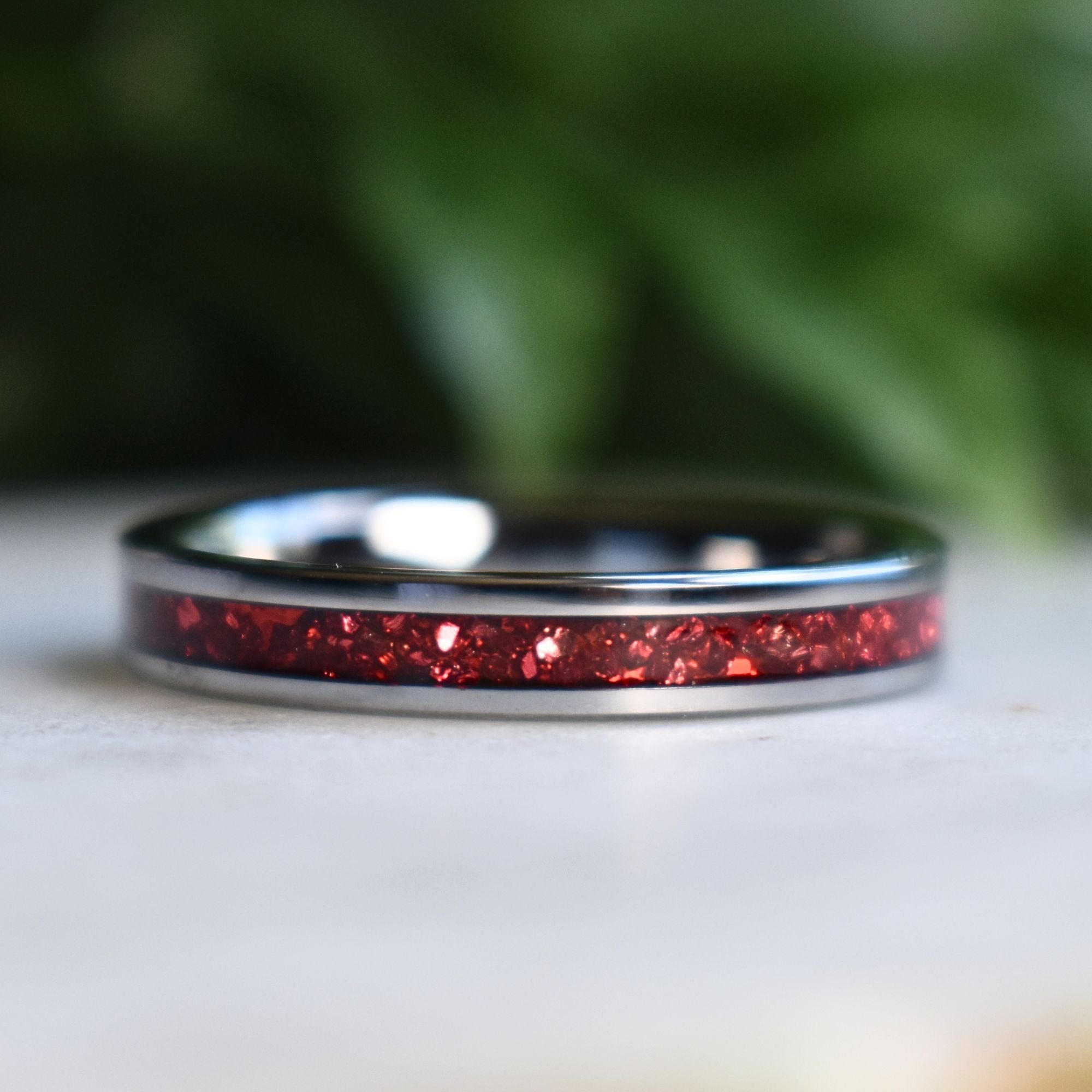 Tungsten 4mm Ring German Ruby Red Glass Wedding Band