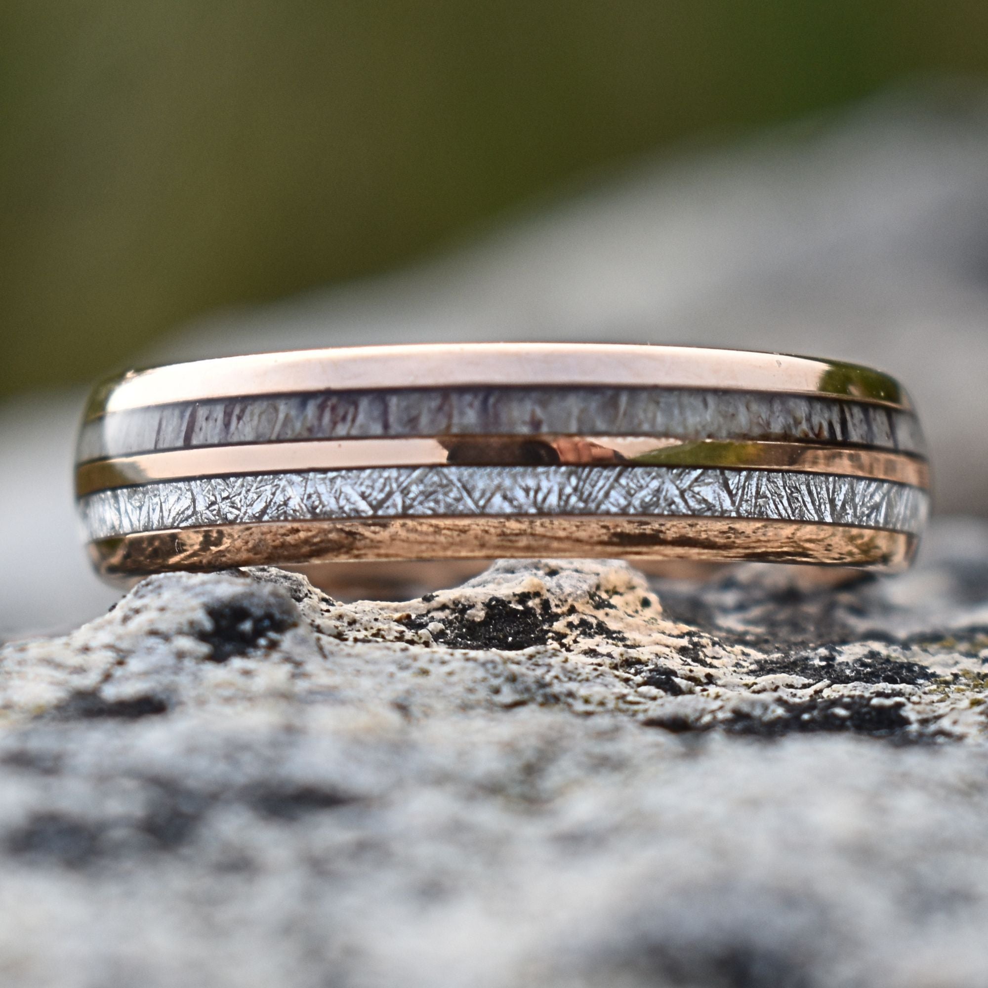 Rose Gold Tungsten 6mm Ring with Deer Antler and Meteorite - Tungsten Titans