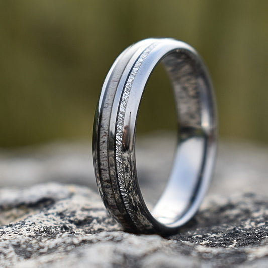 Silver Tungsten 6mm Ring with Deer Antler and Meteorite - Tungsten Titans