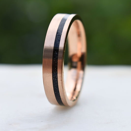 Tungsten Rose Gold 6mm Ring Black Druzy Quartz Wedding Band - Tungsten Titans