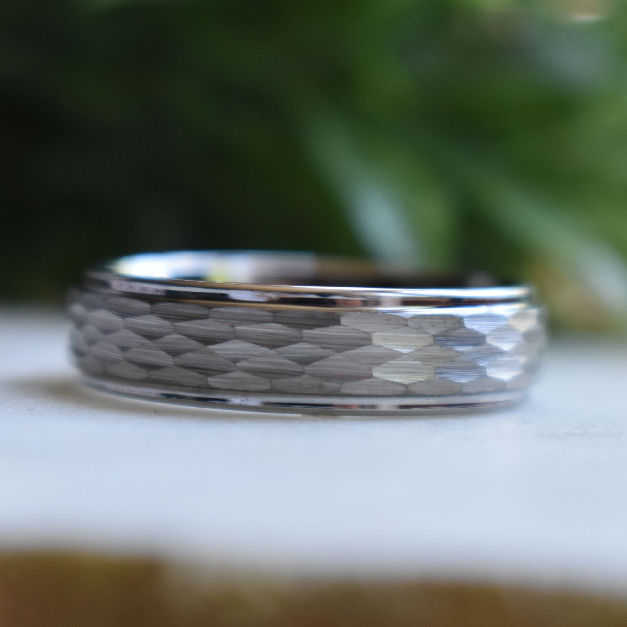 Tungsten 7mm Ring Hammered Silver with Comfort fit band