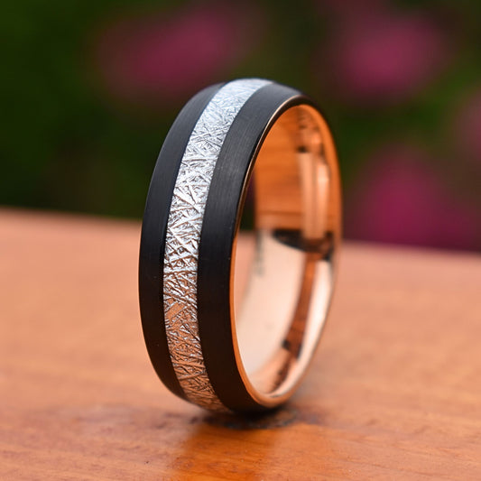 Tungsten 8mm Ring Black with Meteorite and Rose Gold Inner Band - Tungsten Titans