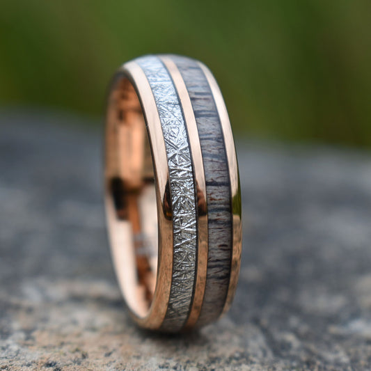 Rose Gold Tungsten 8mm Ring with Deer Antler and Meteorite - Tungsten Titans