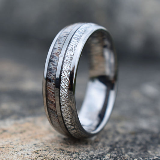 Silver Tungsten 8mm Ring with Deer Antler and Meteorite - Tungsten Titans