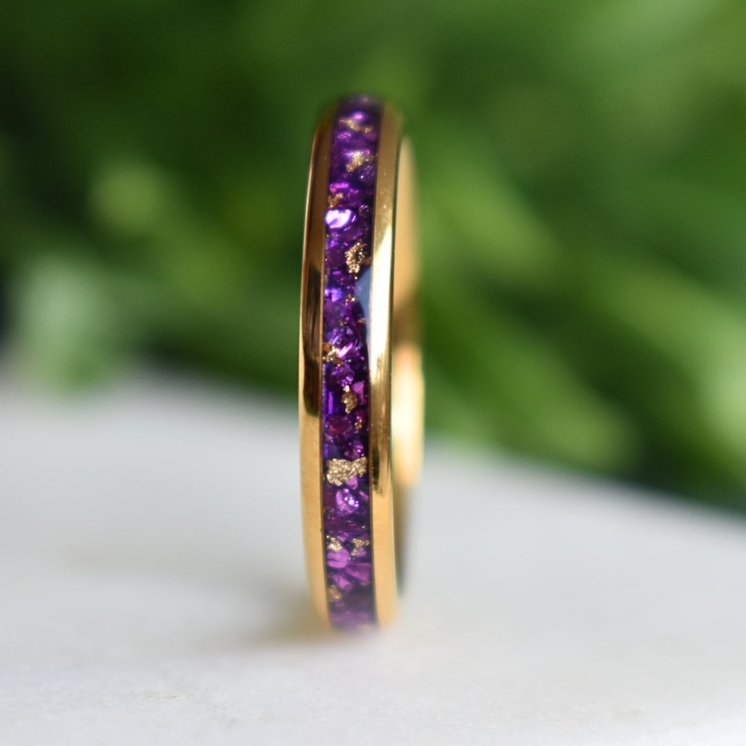 Tungsten 4mm Gold Ring with Amethyst & Gold Leaf Inlay