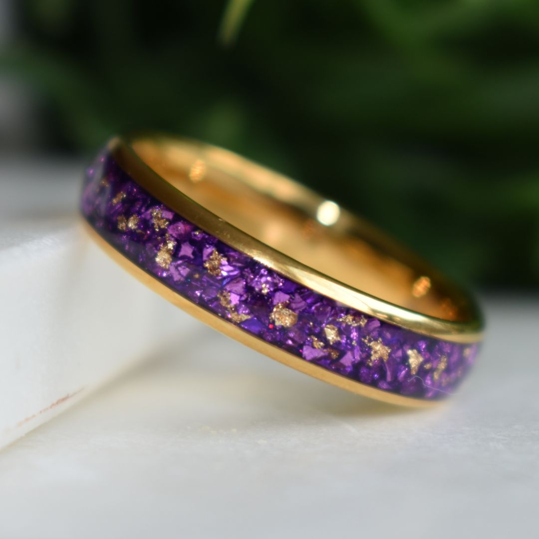 Tungsten 6mm Gold Ring with Amethyst & Gold Leaf Inlay