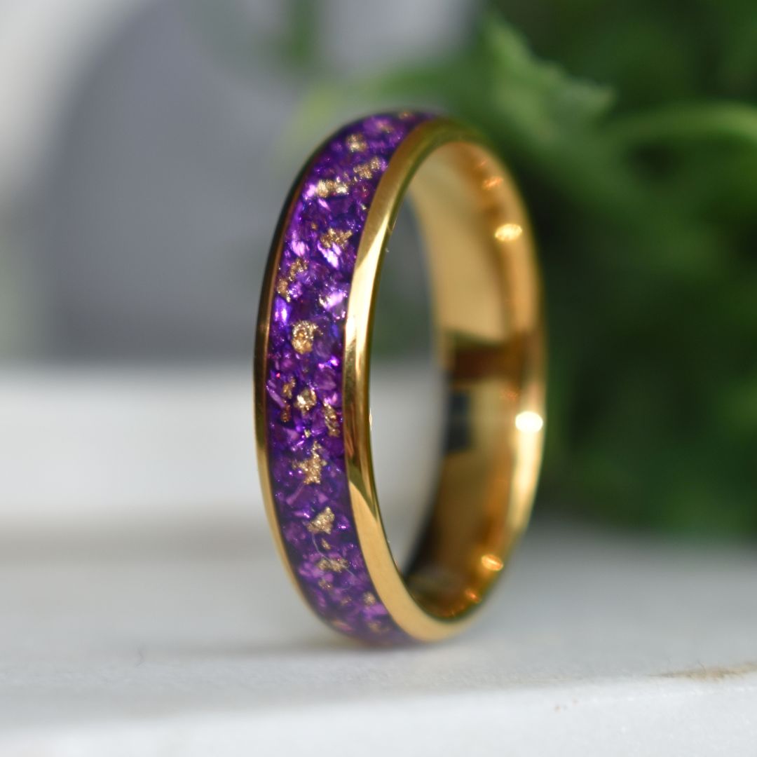 Tungsten 6mm Gold Ring with Amethyst & Gold Leaf Inlay