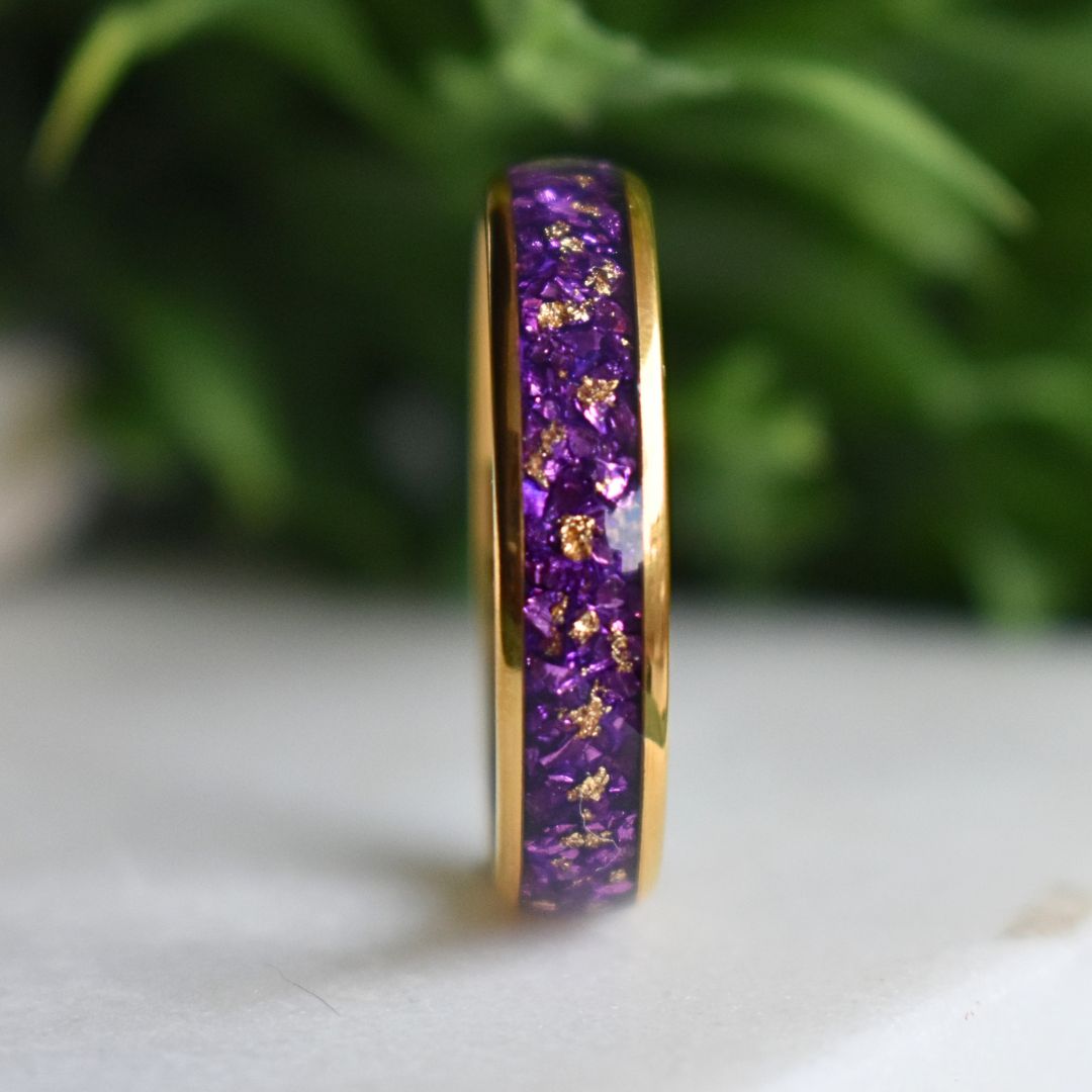 Tungsten 6mm Gold Ring with Amethyst & Gold Leaf Inlay