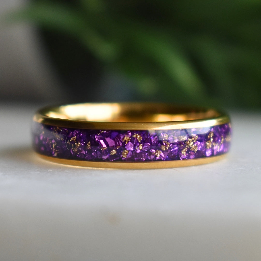 Tungsten 6mm Gold Ring with Amethyst & Gold Leaf Inlay