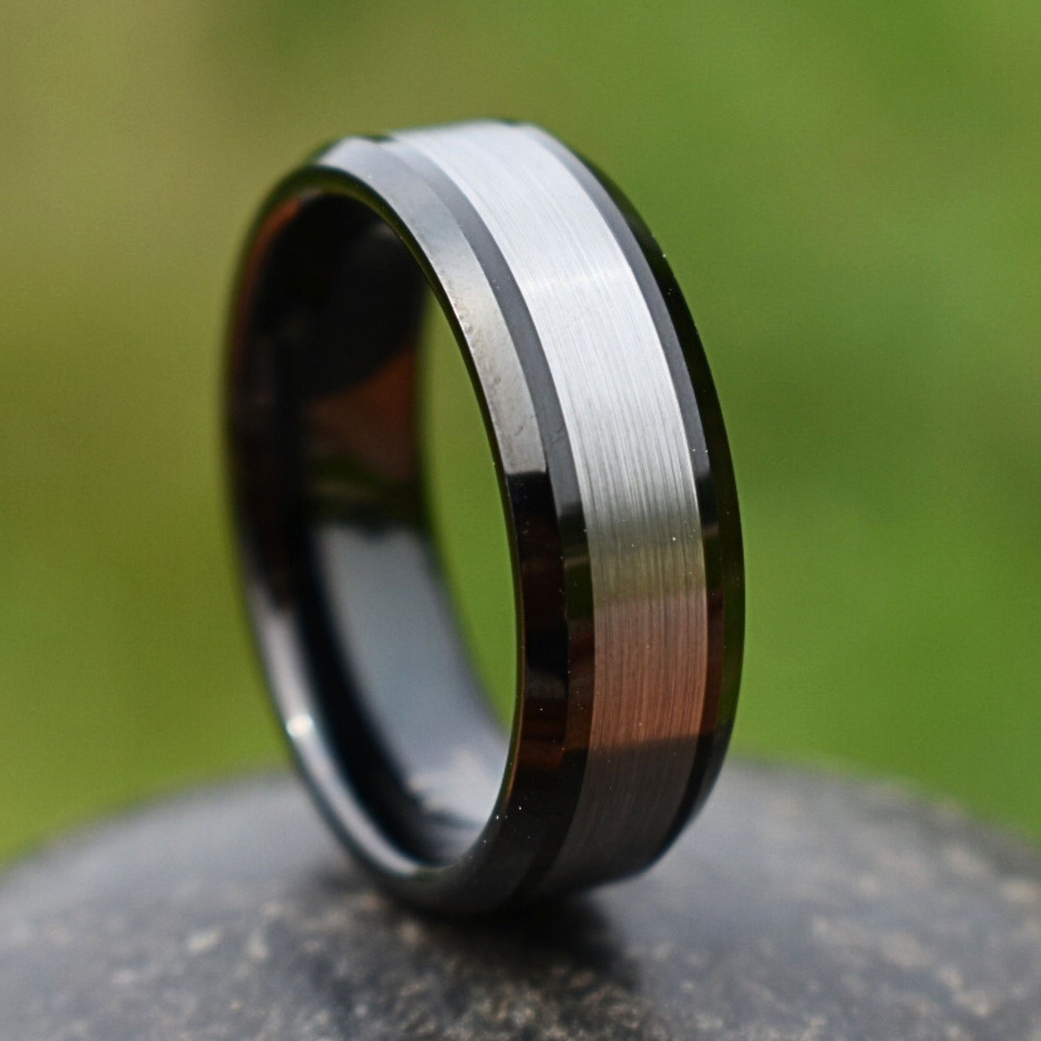 Tungsten Ring Black with Brushed Silver Center - Tungsten Titans