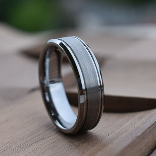 Silver Brushed Beveled Edge 7mm Tungsten Ring - Tungsten Titans