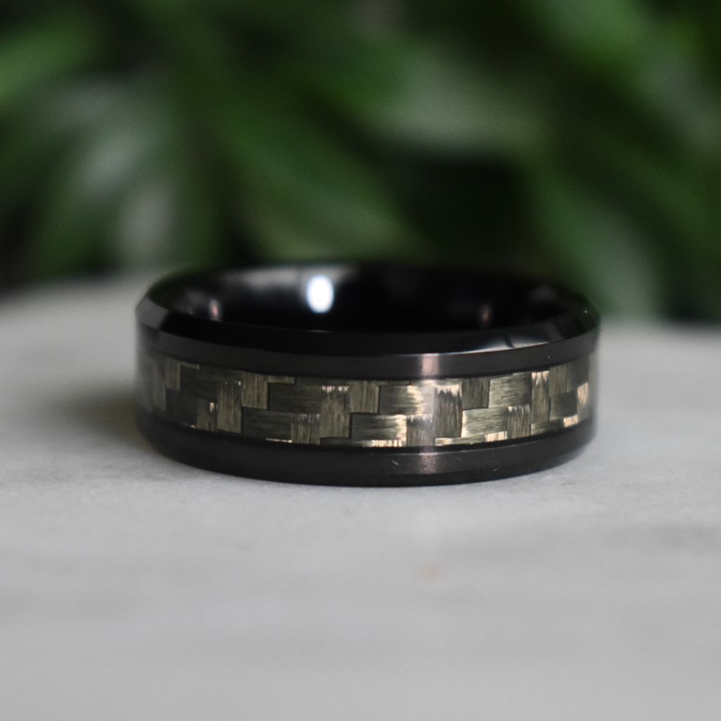Black 8mm Tungsten Ring with Grey Carbon Centre - Tungsten Titans