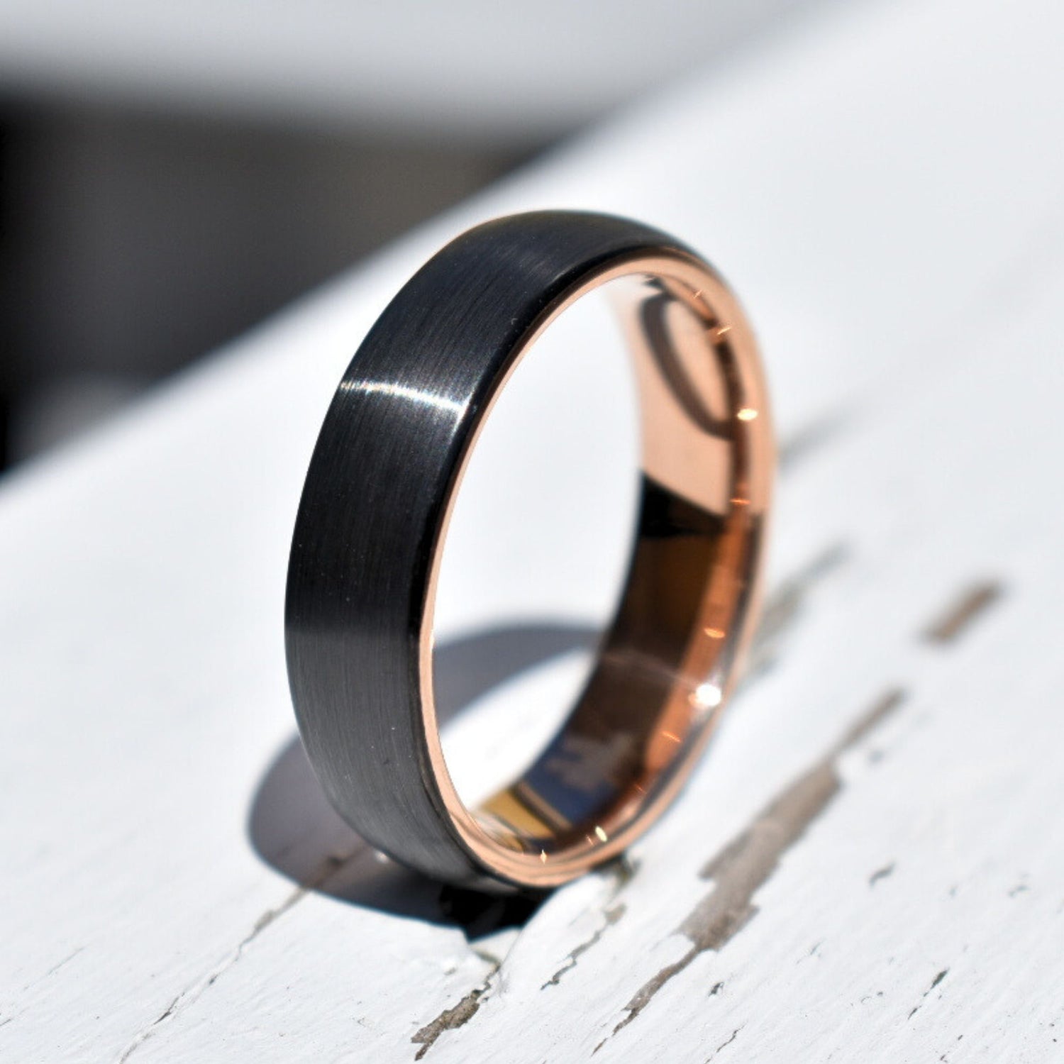 Black Brushed Tungsten 6mm Ring with Rose Gold Band - Tungsten Titans