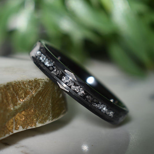 Hammered 4mm Black Tungsten Ring with White Gold Leaf and Meteorite Inlay