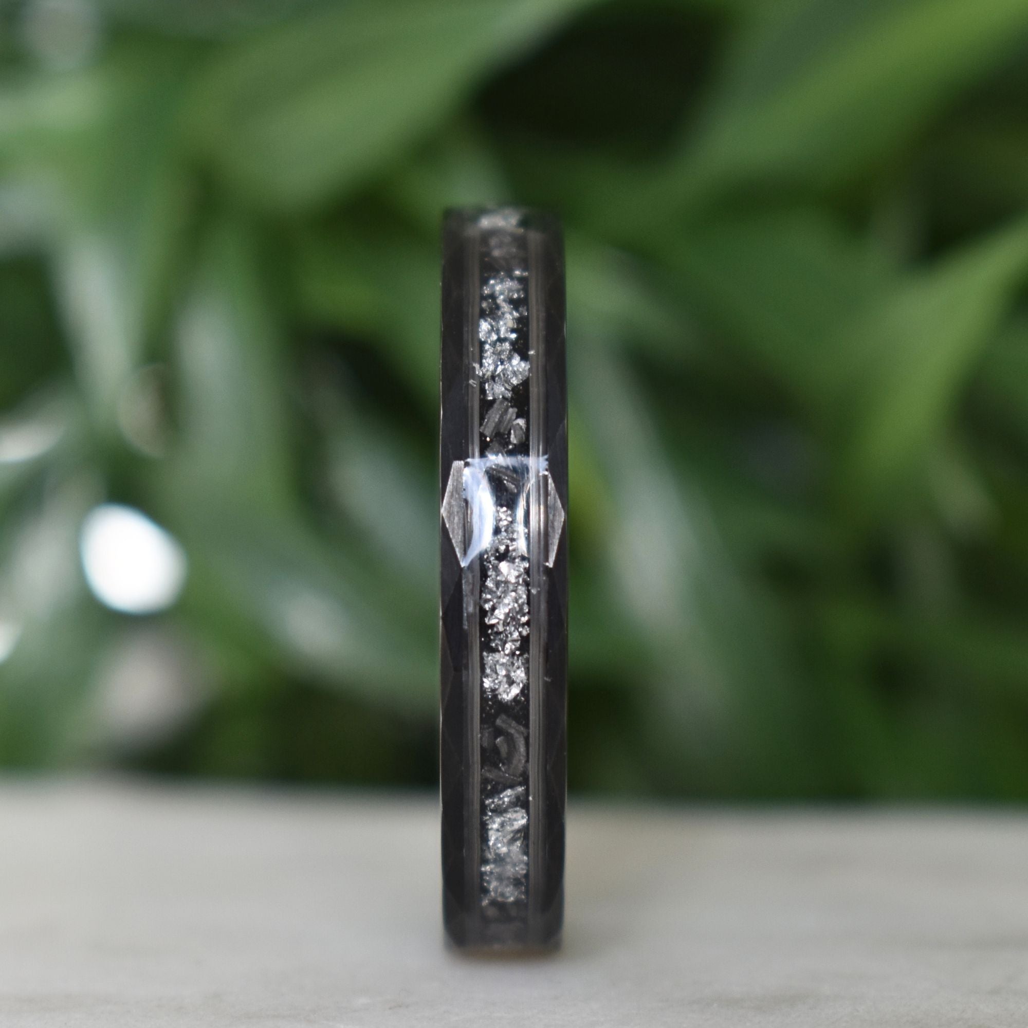 Hammered 4mm Black Tungsten Ring with White Gold Leaf and Meteorite Inlay - Tungsten Titans