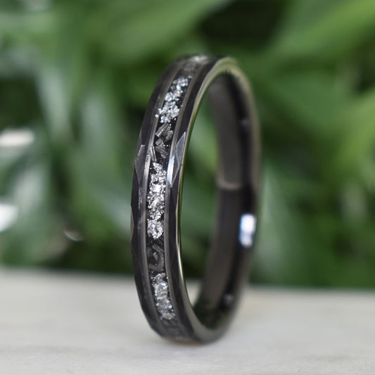 Hammered 4mm Black Tungsten Ring with White Gold Leaf and Meteorite Inlay