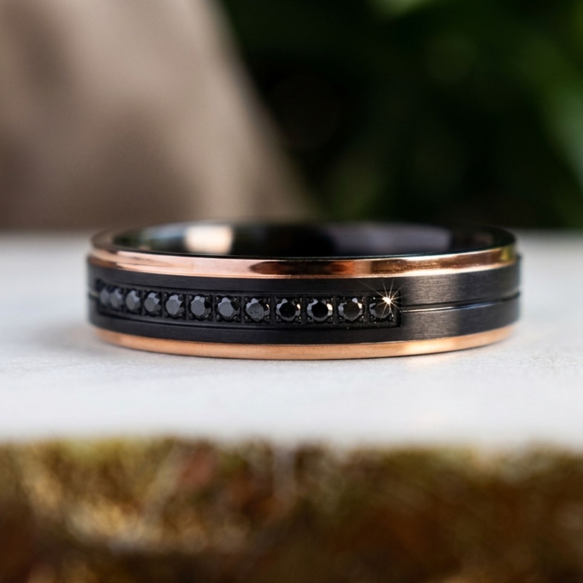Black Brushed Tungsten 6mm Ring with Rose Gold Stepped Edges & Black Simulated Diamonds