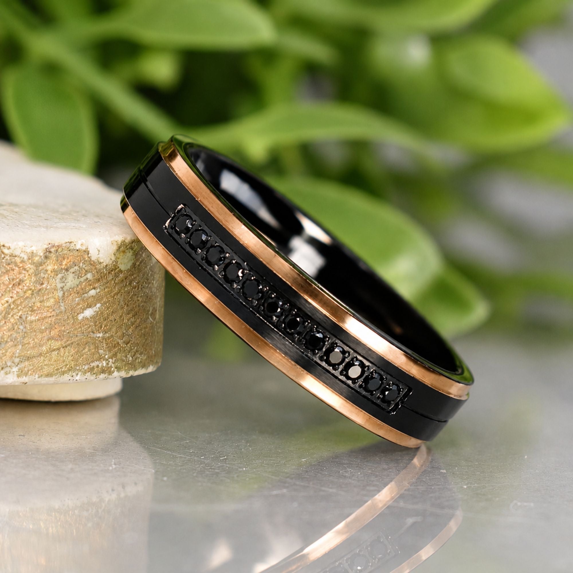 Black Brushed Tungsten 6mm Ring with Rose Gold Stepped Edges & Black Simulated Diamonds