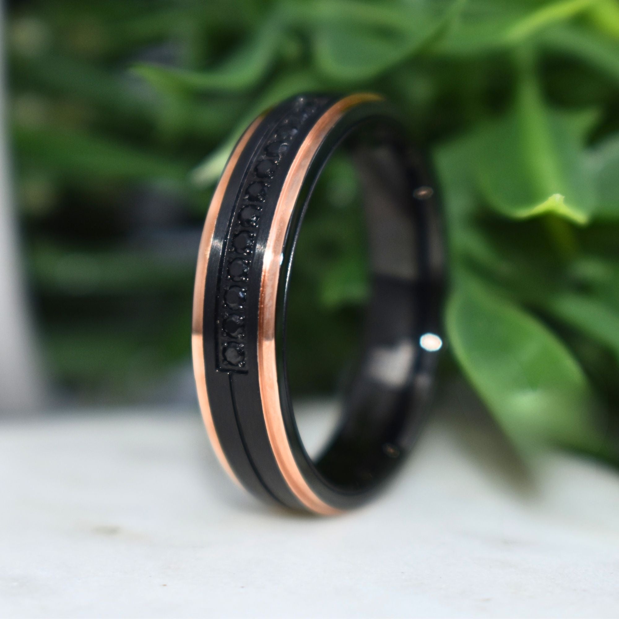 Black Brushed Tungsten 6mm Ring with Rose Gold Stepped Edges & Black Simulated Diamonds