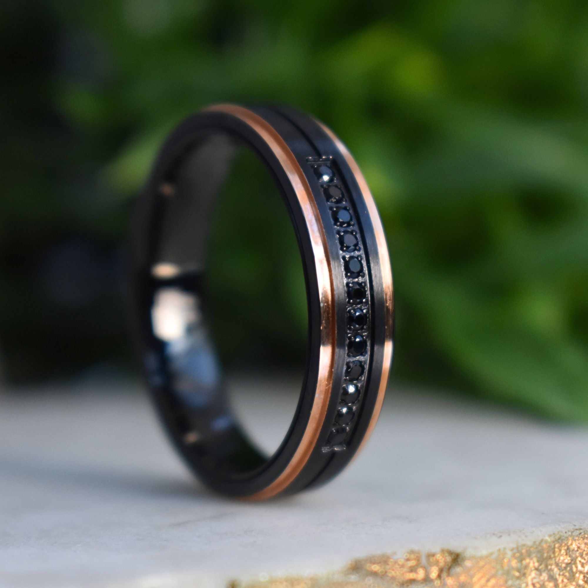 Black Brushed Tungsten 6mm Ring with Rose Gold Stepped Edges & Black Simulated Diamonds